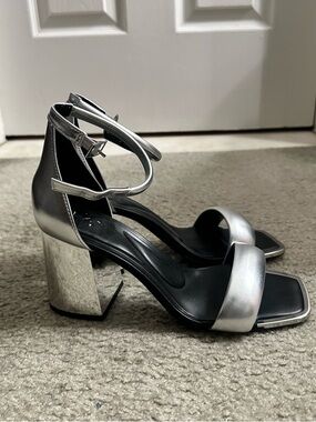 DKNY Silver Women's Scarla Ankle Strap Sandals with Block Heel